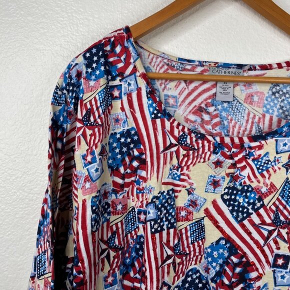 Catherines Women's Flag Patriotic 4th of July Sequins Top Red White Blue Size 3X - Picture 5 of 9